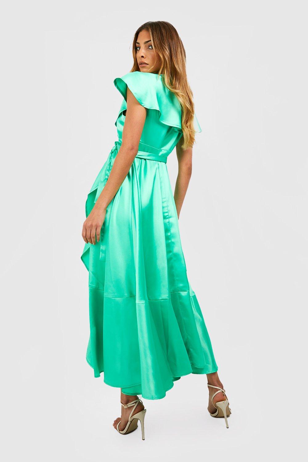 Satin ruffle wrap dress online